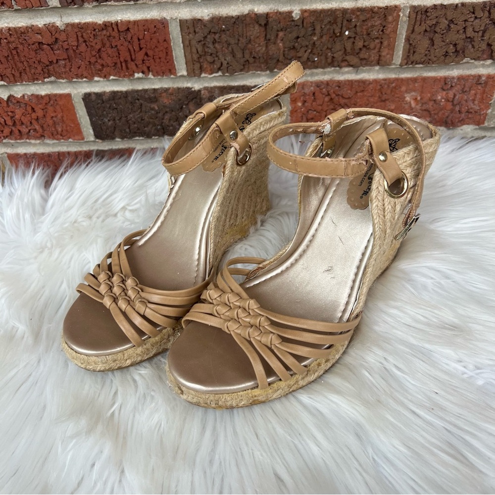 Self Esteem Tan Faux Leather Strappy Espadrille Ankle Strap Wedge Sandals